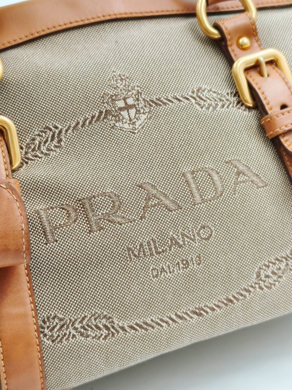 Prada Canapa Canvas Leather Satchel Handbag Brown Logo Top Handle Bag - Picture 9 of 13